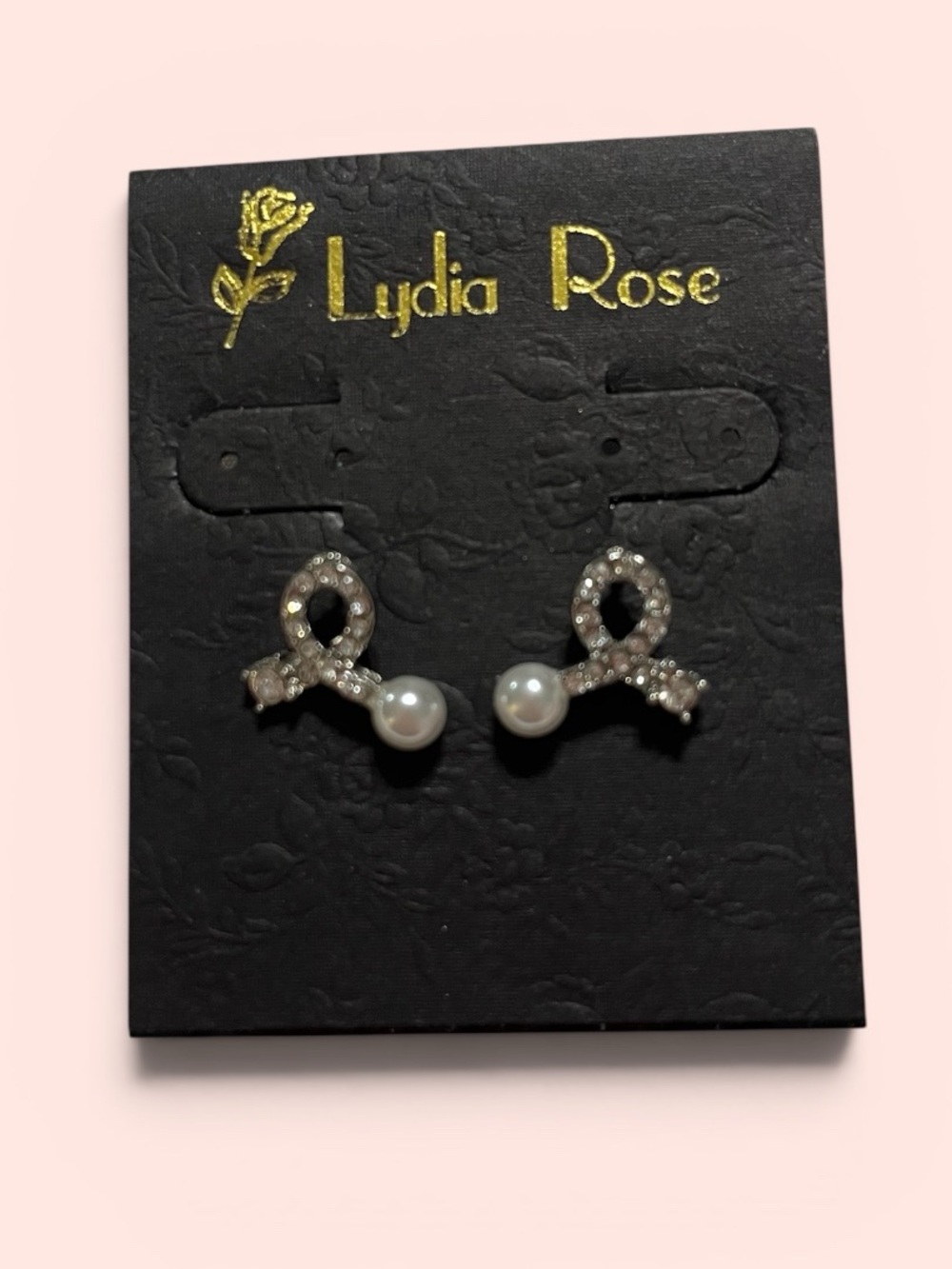 Pearl Ribbon Stud Earrings - Silver & White